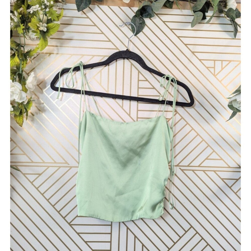 Urban Outfitters Women's Green Satin Bella Tie Shoulder Crop Tank Ruched Small